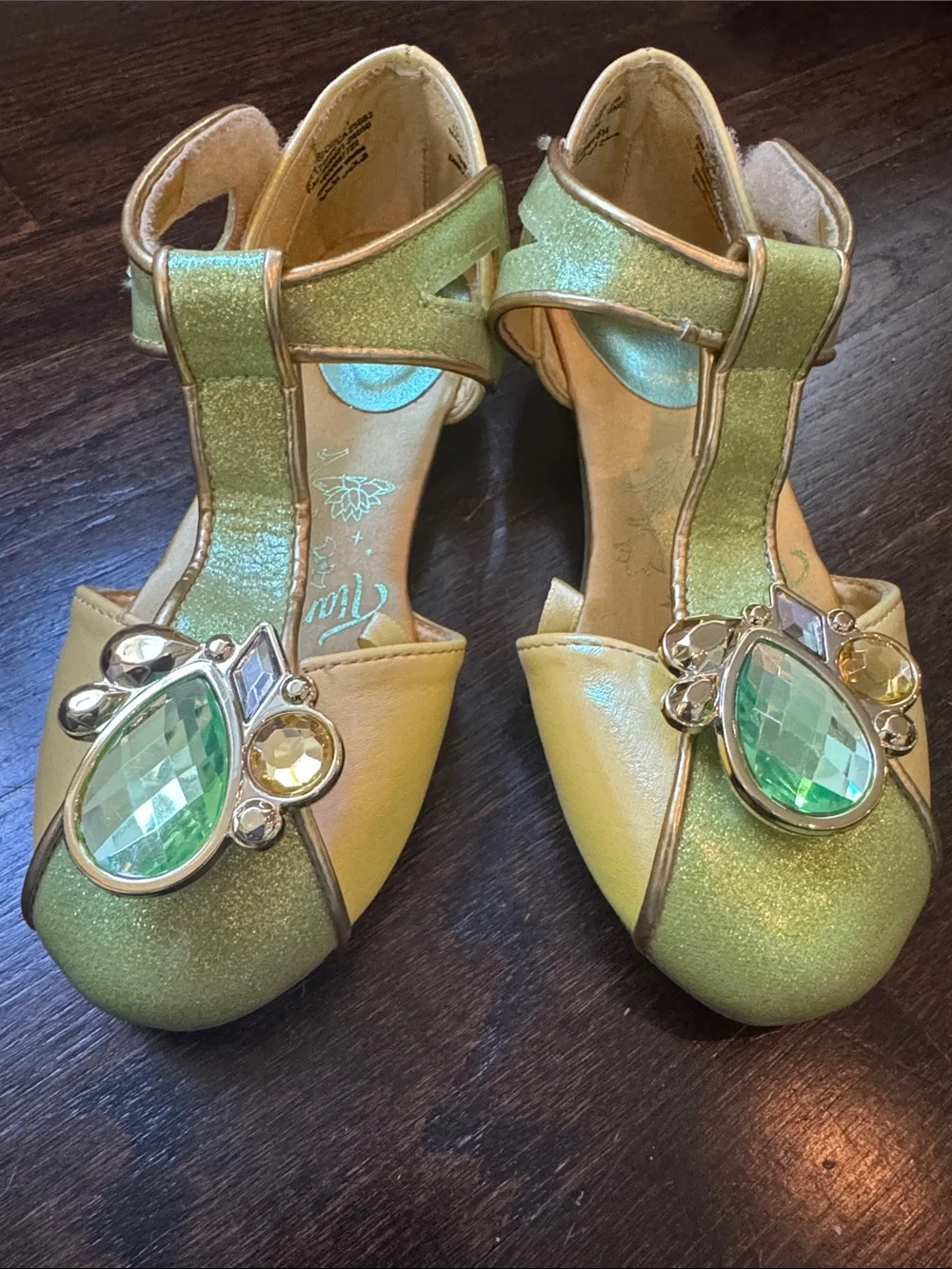 Disney Girls Yellow and Green Tiana Jewel T-Strap Dress Shoes